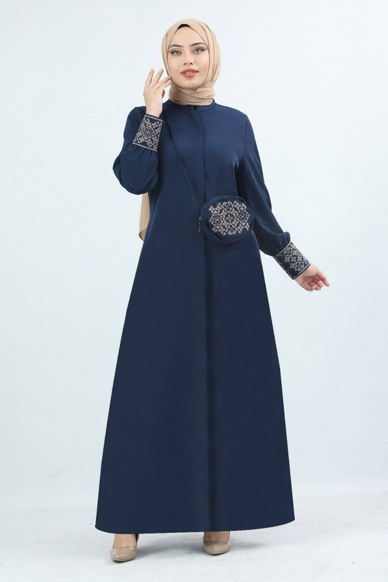 Turkish Fashion Prada Abaya Dress with Bag - 1391 Navy Blue - Tuzzut.com Qatar Online Shopping