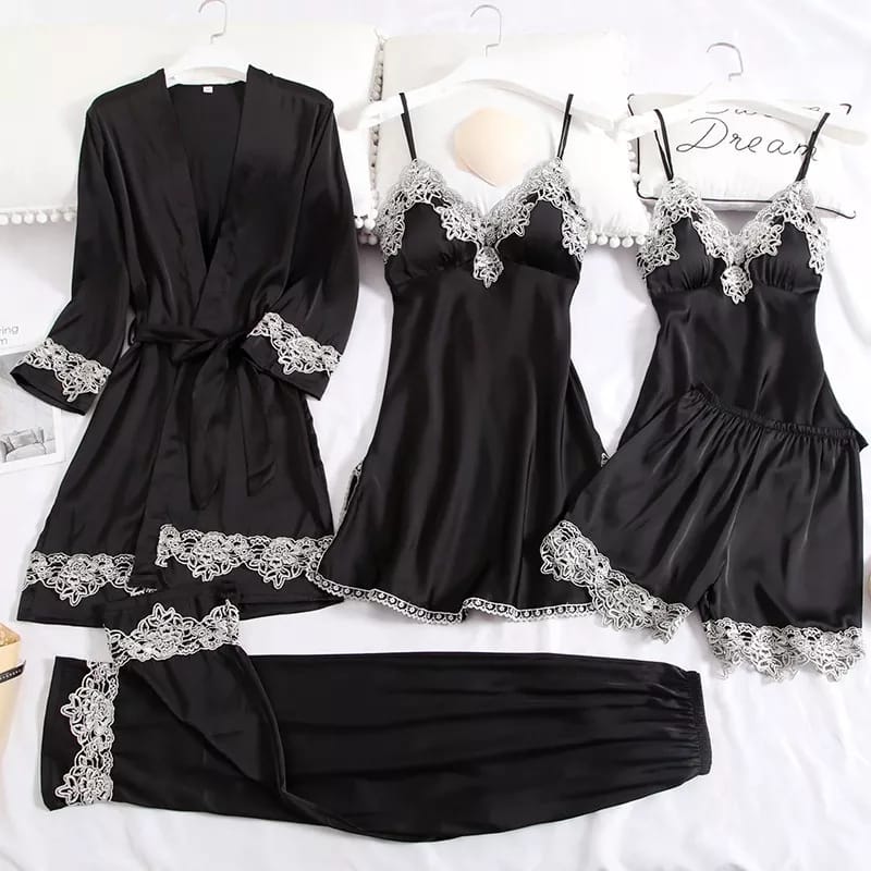 5 Pcs Satin Sleepwear Lady Nightgown Kimono Robe Suit NS5700 - Tuzzut.com Qatar Online Shopping