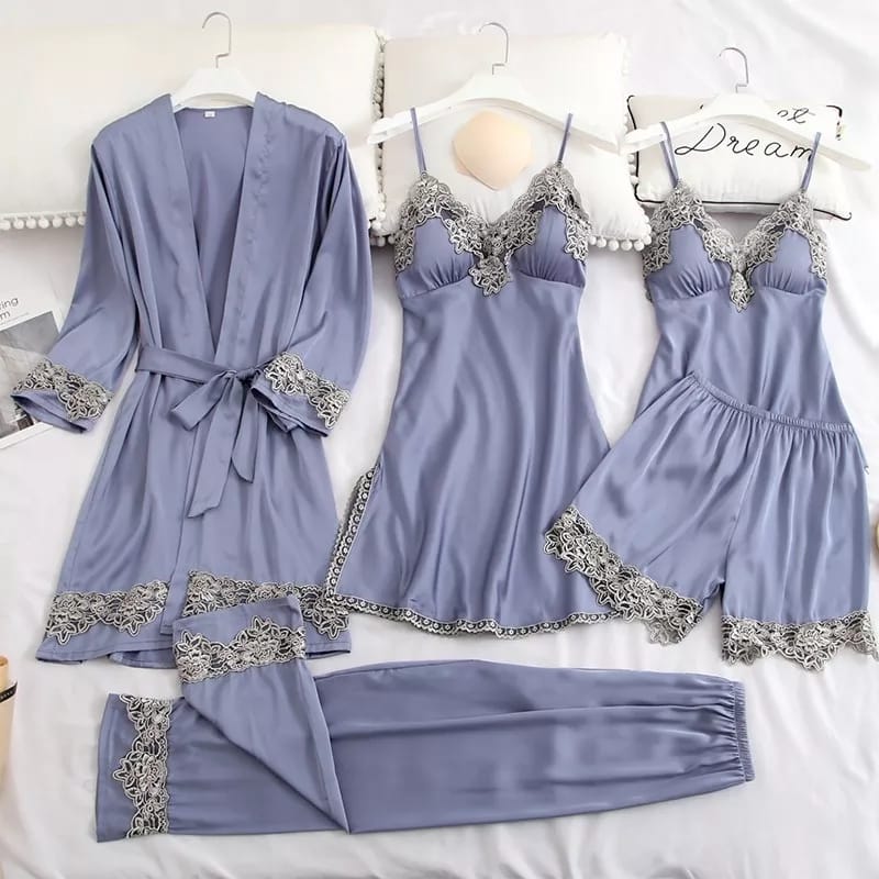 5 Pcs Satin Sleepwear Lady Nightgown Kimono Robe Suit NS5600 - Tuzzut.com Qatar Online Shopping
