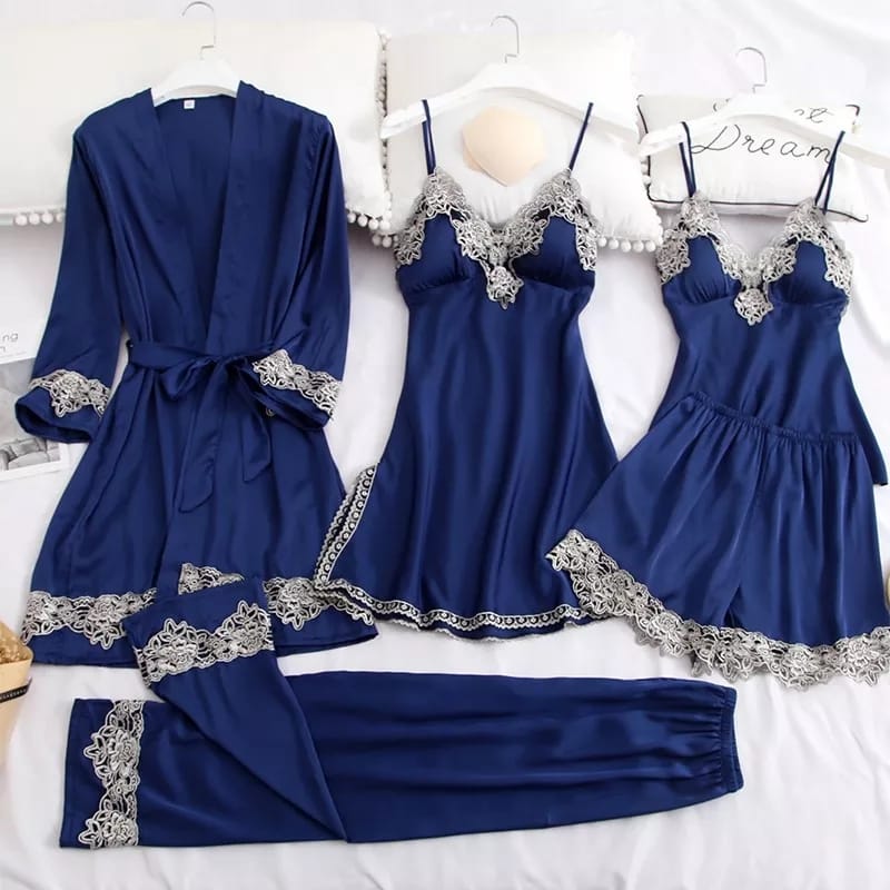 5 Pcs Satin Sleepwear Lady Nightgown Kimono Robe Suit NS5500 - Tuzzut.com Qatar Online Shopping