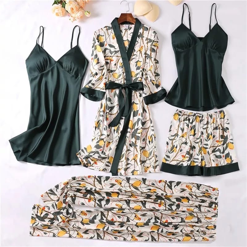 5 Pcs Satin Sleepwear Lady Nightgown Kimono Robe Suit NS5200 - Tuzzut.com Qatar Online Shopping