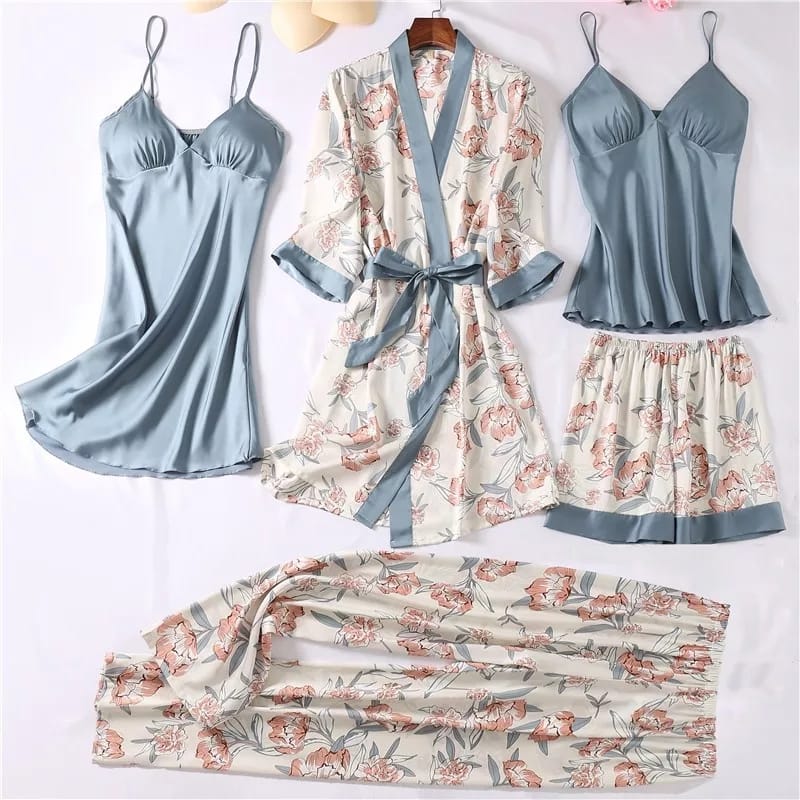 5 Pcs Satin Sleepwear Lady Nightgown Kimono Robe Suit NS5300 - Tuzzut.com Qatar Online Shopping