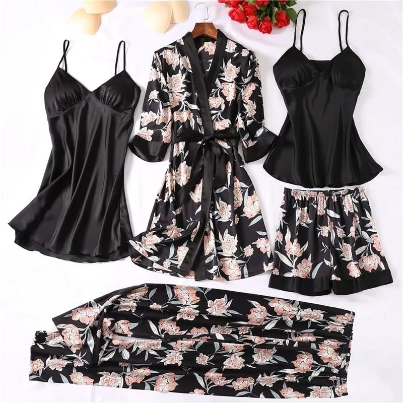 5 Pcs Satin Sleepwear Lady Nightgown Kimono Robe Suit NS5100 - Tuzzut.com Qatar Online Shopping