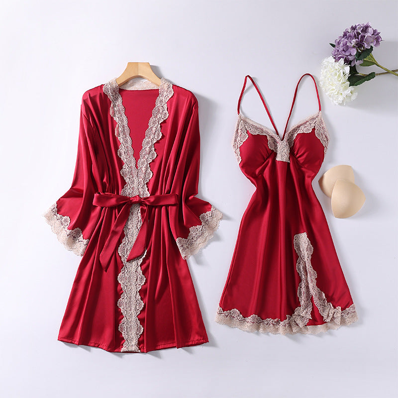 2 Pcs Satin Women's Nightgown Robe V-Neck Sleepwear Set - D215 Red - Tuzzut.com Qatar Online Shopping
