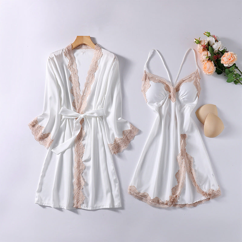 2 Pcs Satin Women's Nightgown Robe V-Neck Sleepwear Set - D215 White - Tuzzut.com Qatar Online Shopping