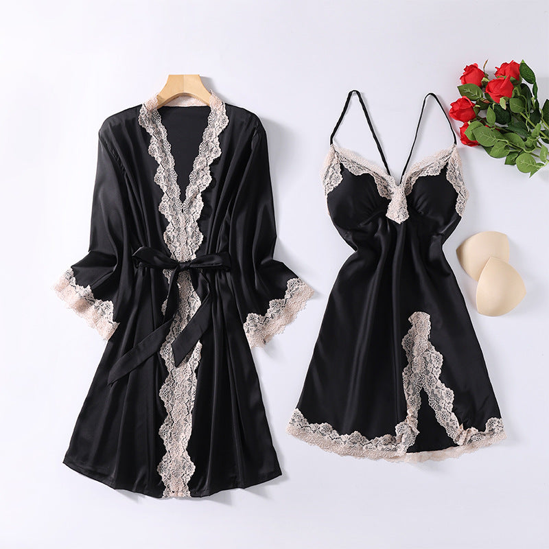 2 Pcs Satin Women's Nightgown Robe V-Neck Sleepwear Set - D215 Black - Tuzzut.com Qatar Online Shopping