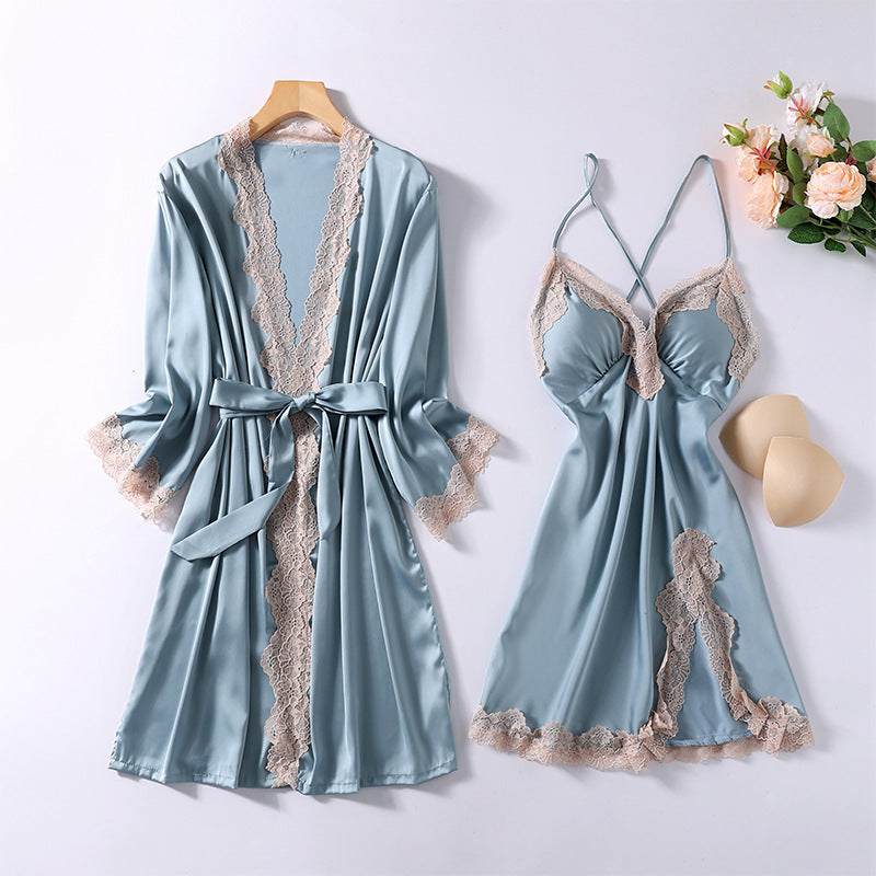 2 Pcs Satin Women's Nightgown Robe V-Neck Sleepwear Set - D215 Blue - Tuzzut.com Qatar Online Shopping