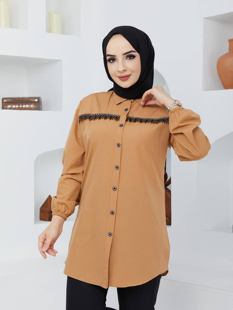 Asmin Fashion Turkish Women's Poplin Long Top Shirt - 112 Brown - Tuzzut.com Qatar Online Shopping