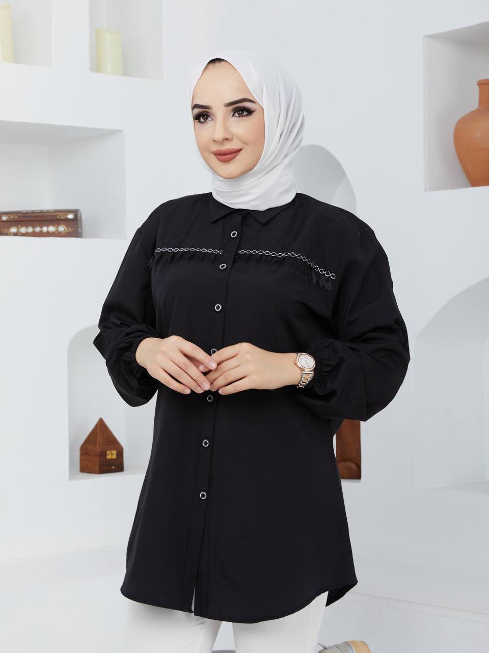 Asmin Fashion Turkish Women's Poplin Long Top Shirt - 112 Black Asmin Fashion Turkish Women's Poplin Long Top Shirt - 112 Black