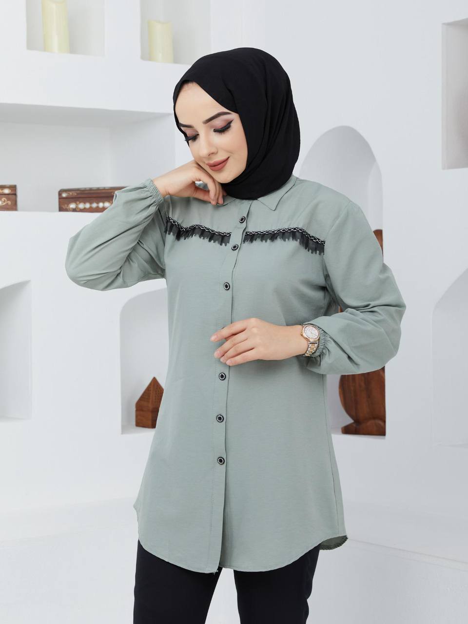 Asmin Fashion Turkish Women's Poplin Long Top Shirt - 112 Grey Asmin Fashion Turkish Women's Poplin Long Top Shirt - 112 Grey
