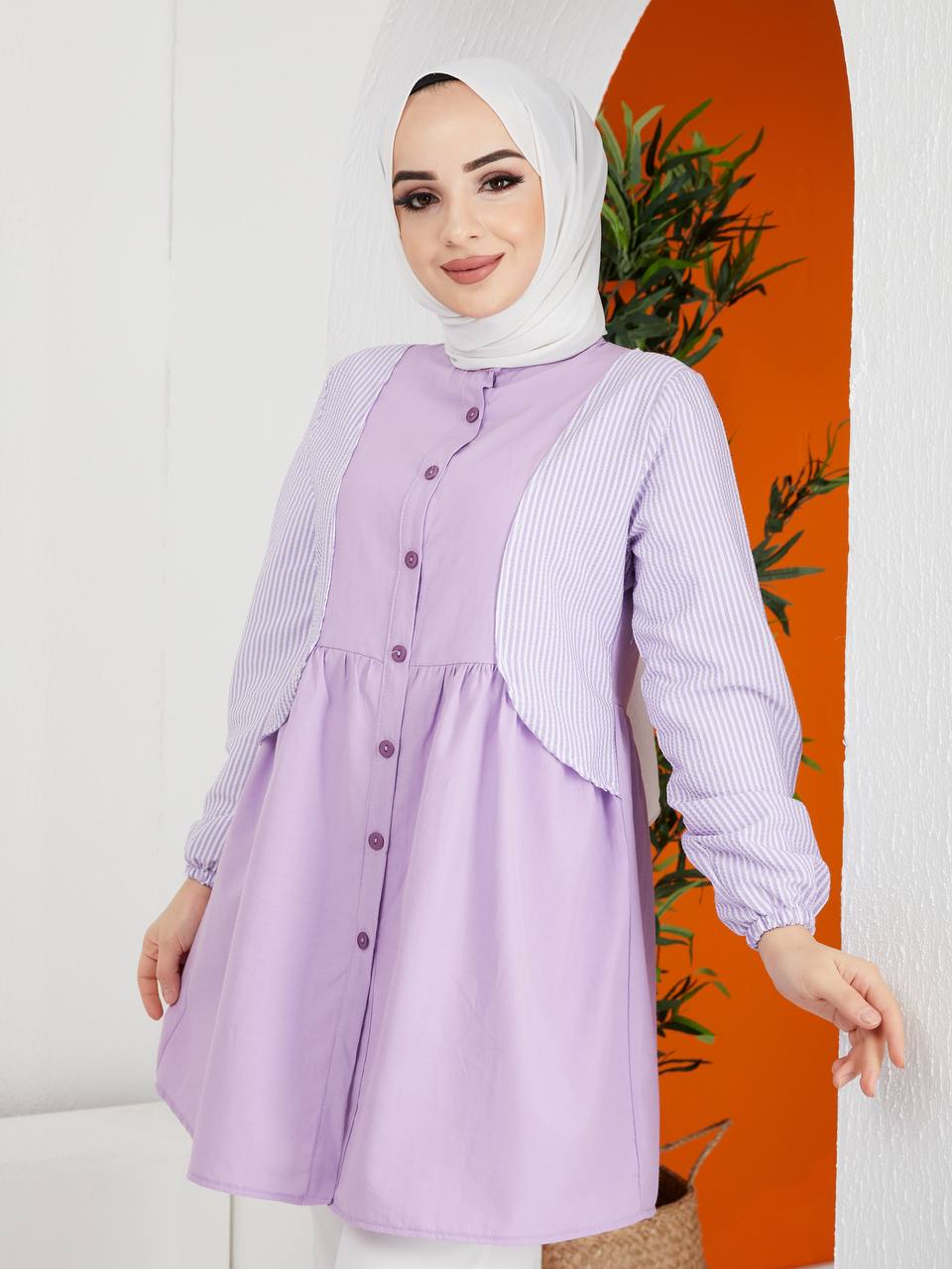 Turkish Women's Poplin Long Top Shirt - LT222 Violet Turkish Women's Poplin Long Top Shirt - LT222 Violet