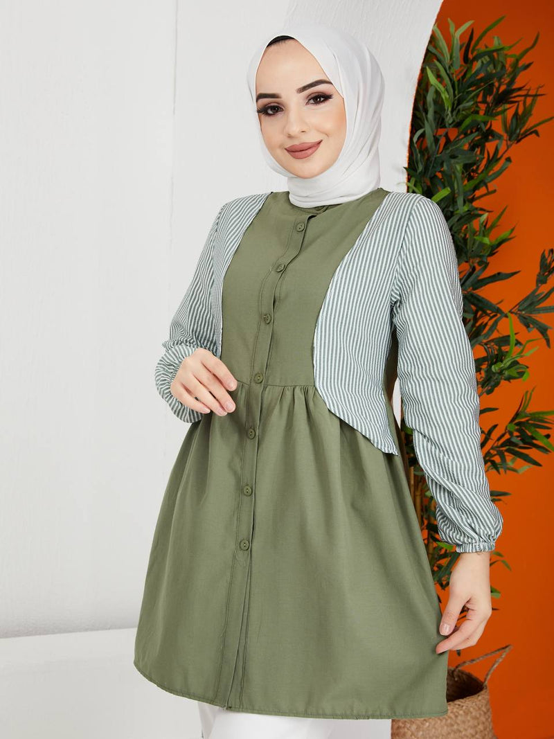 Turkish Women's Poplin Long Top Shirt - LT222 Green - Tuzzut.com Qatar Online Shopping