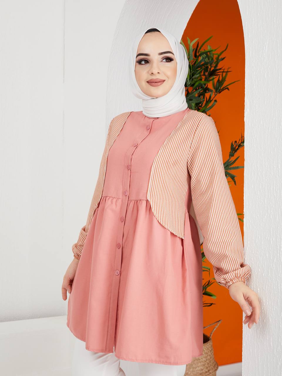 Turkish Women's Poplin Long Top Shirt - LT222 Pink Turkish Women's Poplin Long Top Shirt - LT222 Pink