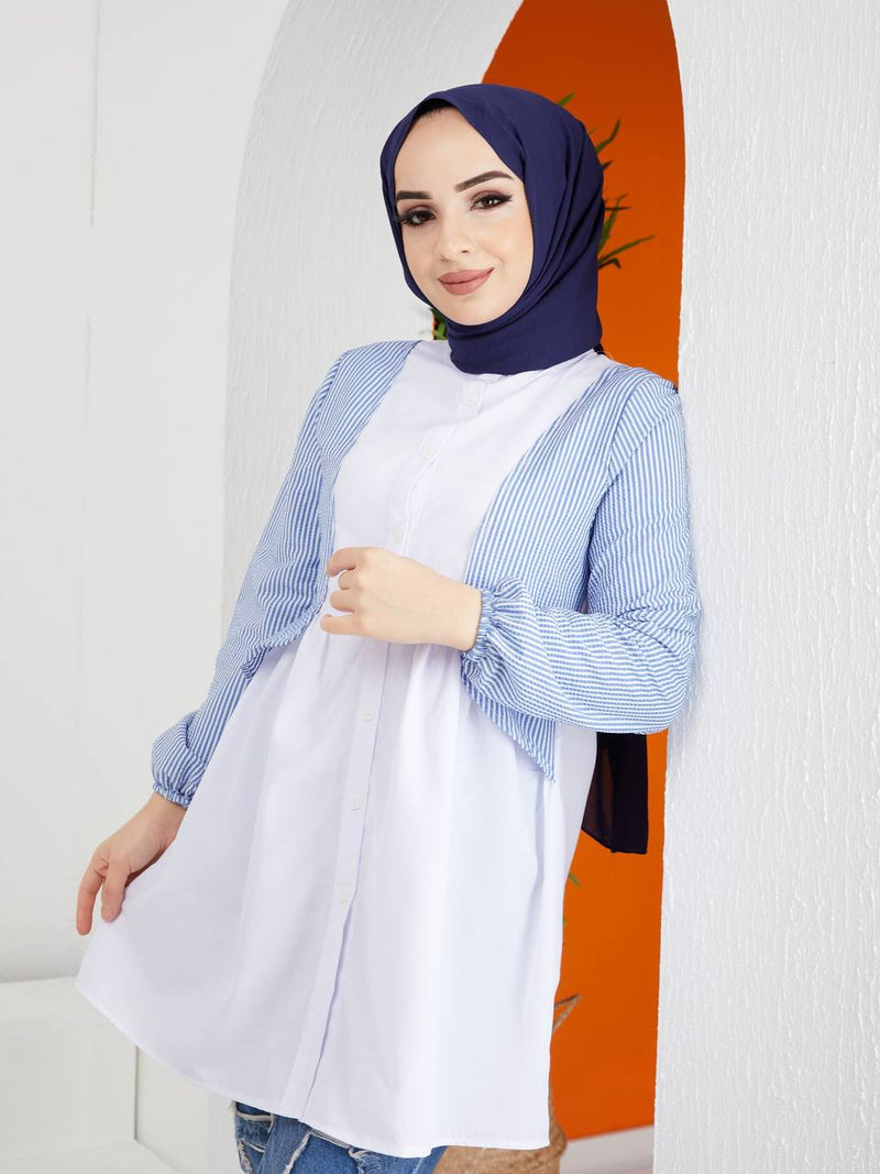 Turkish Women's Poplin Long Top Shirt - LT222 Blue - Tuzzut.com Qatar Online Shopping
