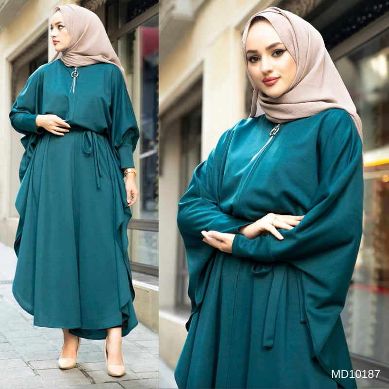 Turkish Women's Loose Zipper Ayrobin Long Dress -10167 Blue - Tuzzut.com Qatar Online Shopping