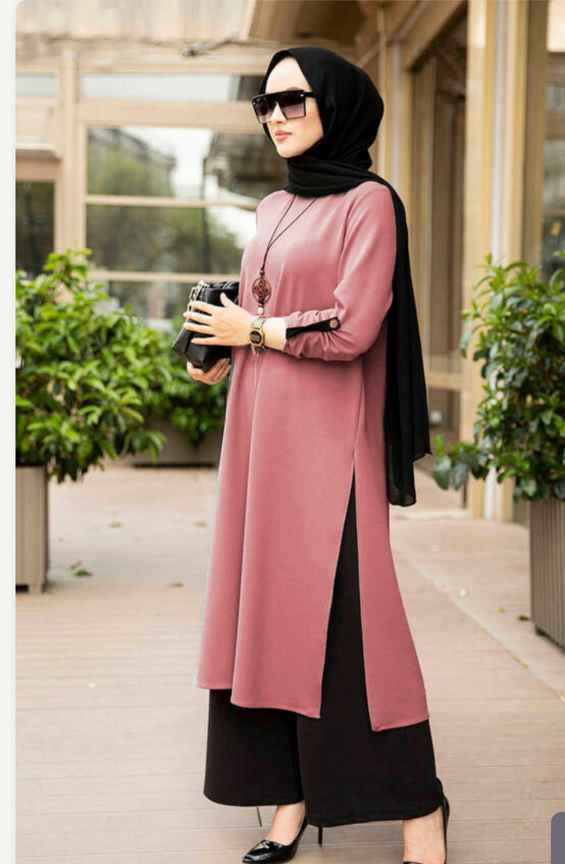 Turkish Women's Tunic Top Palazzo Pant Dress with Necklace - 10399 Pink - Tuzzut.com Qatar Online Shopping