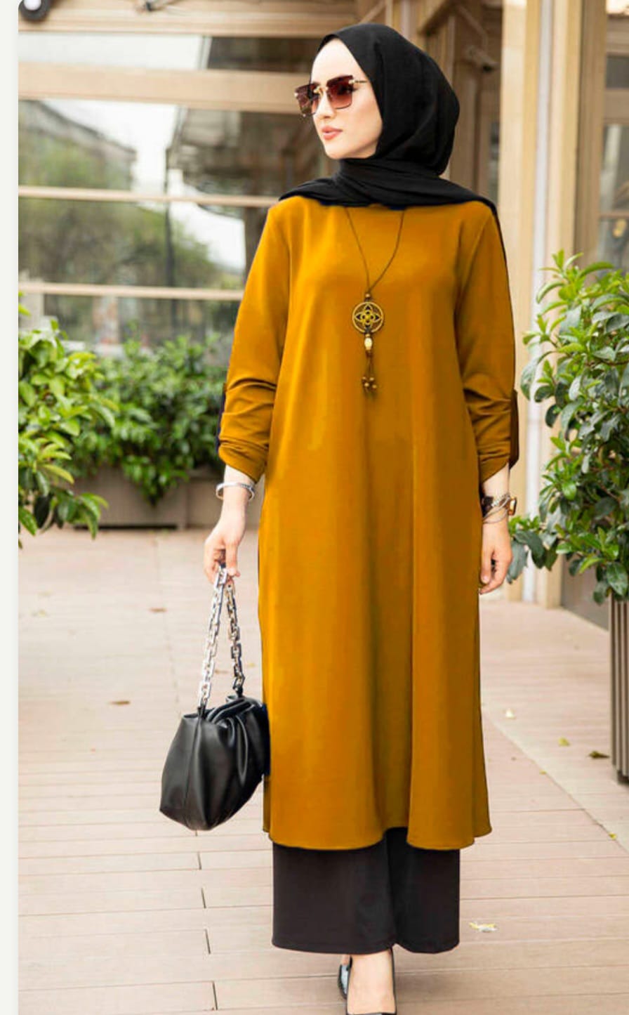 Turkish Women's Tunic Top Palazzo Pant Dress with Necklace - 10399 Yellow Turkish Women's Tunic Top Palazzo Pant Dress with Necklace - 10399 Yellow