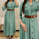 Pleated Turkish Women's Buttoned Ayrobin Dress with Belt - A337 - Tuzzut.com Qatar Online Shopping