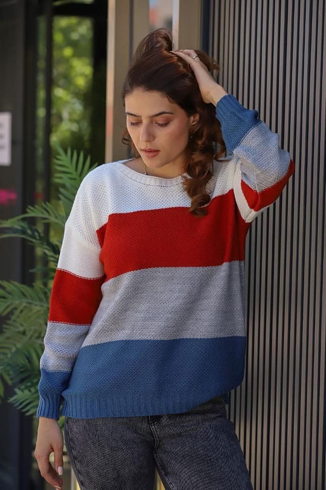 Women Colorblock Turkish Knitted Long Sleeves Sweater - Tuzzut.com Qatar Online Shopping