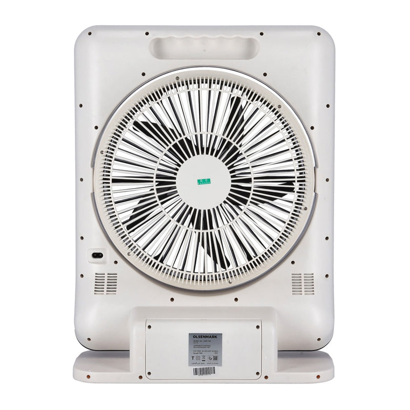 Olsenmark Rechargeble Box Fan - Portable 7Ah Rechargeable Battery with 10 Hours Working | Remote Included | 5 Leaf Blade with Safe Grill & Led Light - Tuzzut.com Qatar Online Shopping