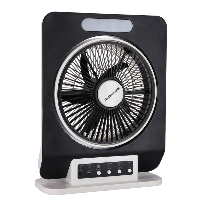 Olsenmark Rechargeble Box Fan - Portable 7Ah Rechargeable Battery with 10 Hours Working | Remote Included | 5 Leaf Blade with Safe Grill & Led Light - Tuzzut.com Qatar Online Shopping