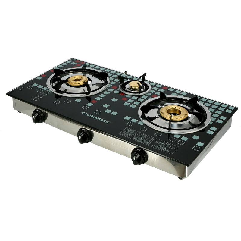 Highly Efficient Tempered Glass Triple Burner Gas Stove with Auto Ignition OMK2224 Olsenmark - Tuzzut.com Qatar Online Shopping