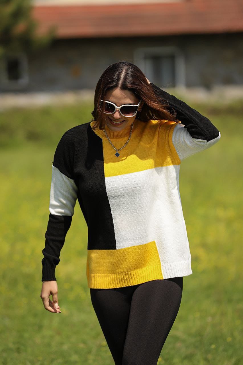 Women Square Colorblock Turkish Knitted Long Sleeves Sweater B443 Women Square Colorblock Turkish Knitted Long Sleeves Sweater B443