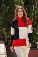 Women Square Colorblock Turkish Knitted Long Sleeves Sweater B443 - Tuzzut.com Qatar Online Shopping