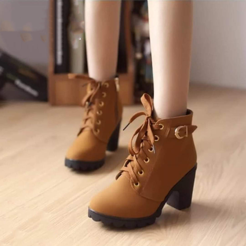 Women's Lace-up Buckle Ankle High Heels Boots Shoes - 888 - TUZZUT Qatar Online Store