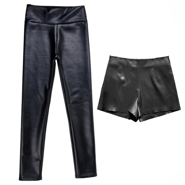 2 Pc Set Pu Leather Matte Women Leather Pant & Shorts Slim Thin Elastic Waist Pants S4450011