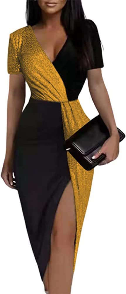 Women's Contrast Color High Waist Midi Skirt Elegant Short Sleeve Waist Dress Bodycon Tunic Dress Sexy Slim Fit Party Dress Pullover S4529216 - Tuzzut.com Qatar Online Shopping