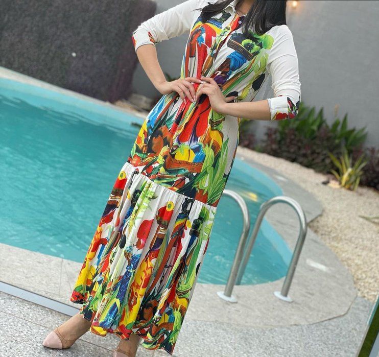 Women's Fashion Long Shirt collar vintage print S4599985 - Tuzzut.com Qatar Online Shopping