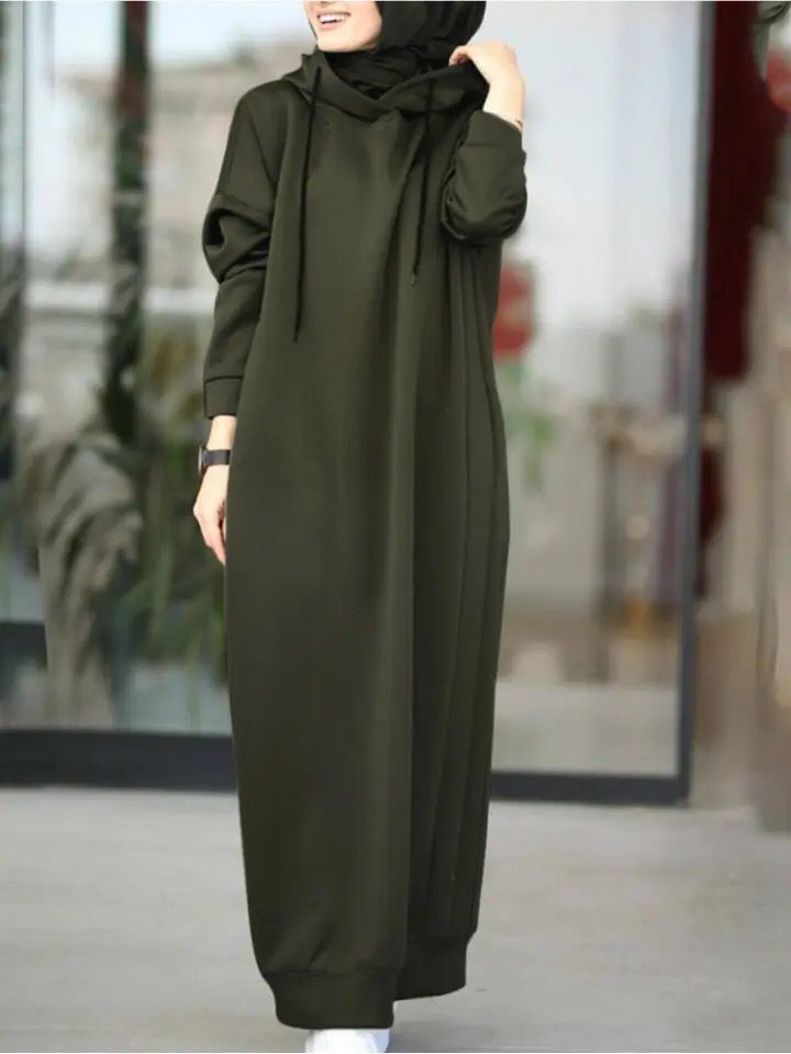 Muslim Dress Women Sweatshirt Dress Stylish Hoodies Long Sleeve Maxi Dress Female Casual Solid Hooded Vestidos Robe S2756458 - Tuzzut.com Qatar Online Shopping