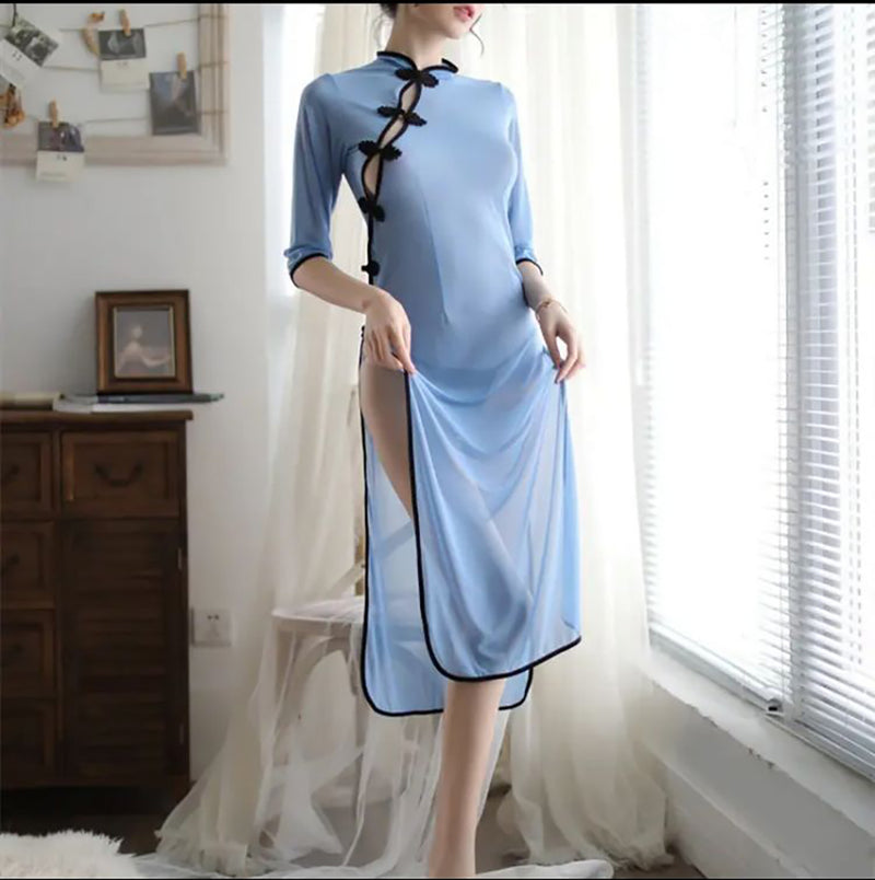 Blue Improve Chinese Traditional Cheongsam Dress Retro Cosplay Student Qipao Skirt Mesh Split Women's Nightgown Pajamas Costume S3276257 - Tuzzut.com Qatar Online Shopping
