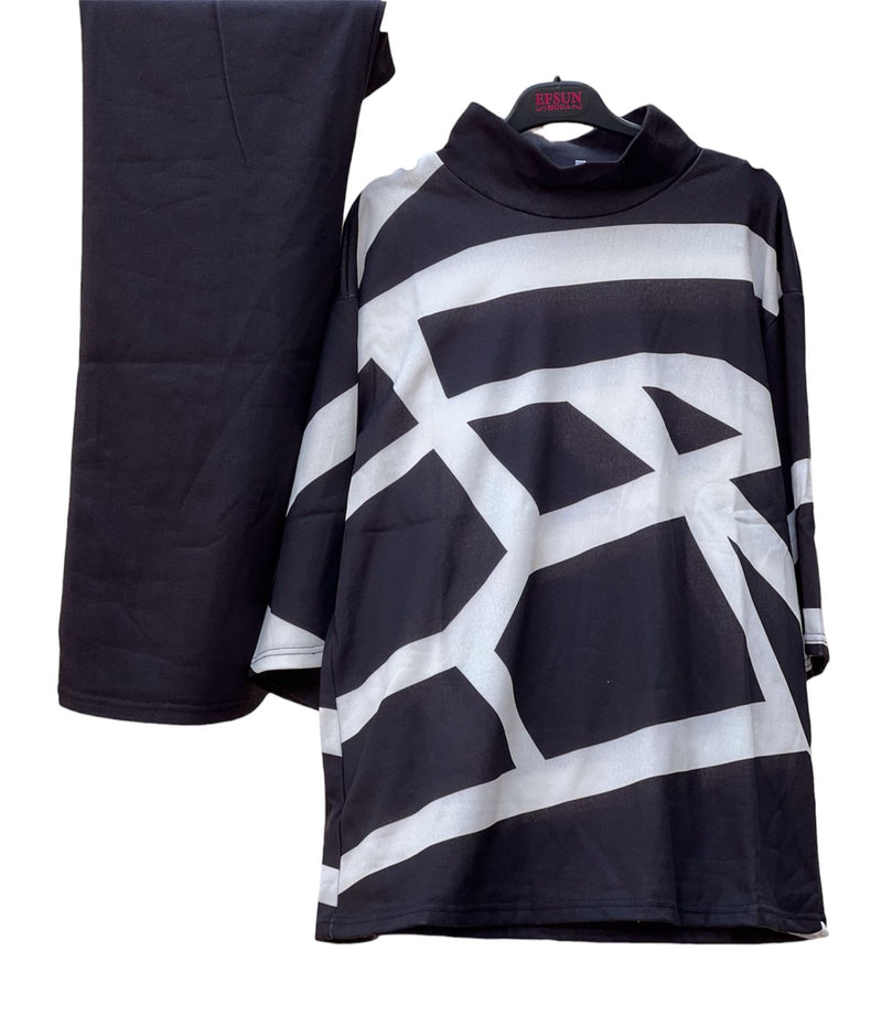 Black & White Women's Fashion High-Neck T-Shirt & Pant Set S442FYG - Tuzzut.com Qatar Online Shopping