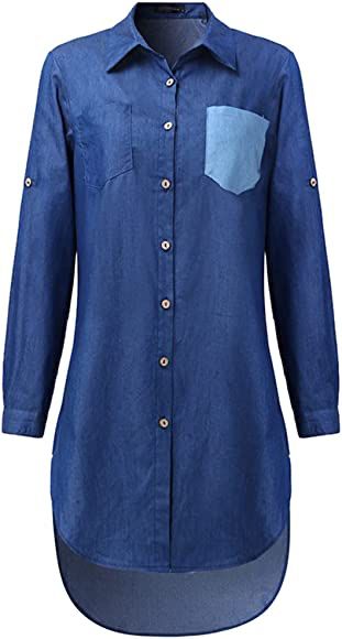 Women's Long Sleeve Jean Blouse Dress Button Down Denim Shirt Dresses with Pockets S4224368 - Tuzzut.com Qatar Online Shopping