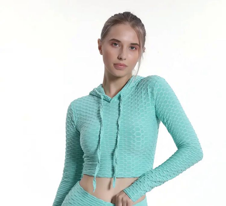 Women Plain Bubble Fitness Hooded Tops Long Sleeve V Neck Yoga Crop Top Sports Outfit Gym Seamless Drawstring Workout Clothes S4576715 - Tuzzut.com Qatar Online Shopping