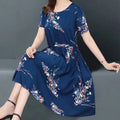 Loose Midi Dress Women Vintage Print Korean Elegan Boho Floral Dresses Summer O-Neck Womens Casual Sundress S3773984 - Tuzzut.com Qatar Online Shopping