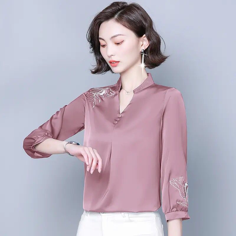 Elegant Embroidered Blouses Women Vintage V-Neck 3/4 Sleeve Satin Shirts For Women Office Lady Loose Basic Spring Summer Tops X2597675 - Tuzzut.com Qatar Online Shopping