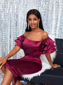 Women Satin Party Dress Slash Neck Short Puff Sleeve Shoulder Bodycon Clubwear Summer Event S4653623 - Tuzzut.com Qatar Online Shopping