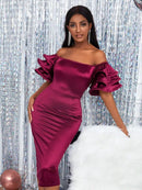 Women Satin Party Dress Slash Neck Short Puff Sleeve Shoulder Bodycon Clubwear Summer Event S4653623 - Tuzzut.com Qatar Online Shopping