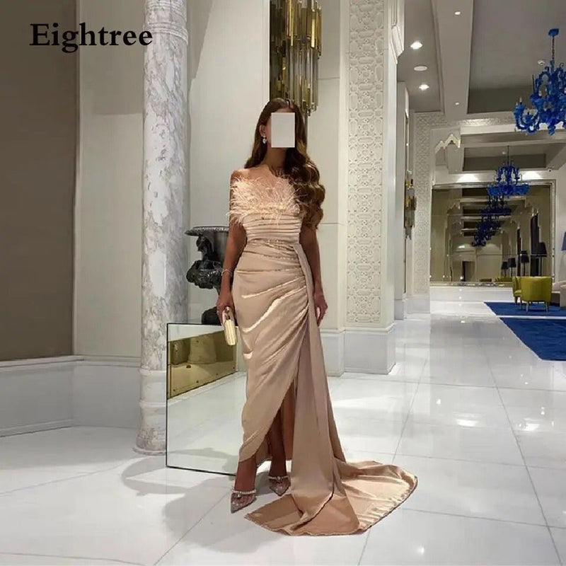 Eightree Champagne Long Feather Prom Dresses Sleeveless Side Slit Evening Dress Strapless Formal Party Gowns Vestidos De Festa S98765 - Tuzzut.com Qatar Online Shopping
