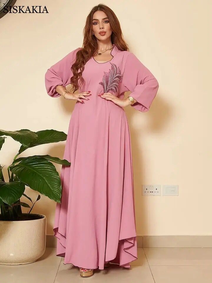 Elegant Long Maxi Dress Women Fashion Crew Neck Pleated Robe Appliques Asymmetric Hem Casual Loose Ladies Dresses Ramadan S4458072 - Tuzzut.com Qatar Online Shopping
