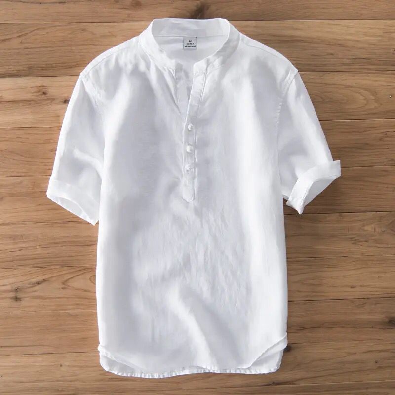 New Pure linen brand shirt men summer white shirts for men short sleeve stand collar shirt mens casual fashion shirts male tops S1277501 - Tuzzut.com Qatar Online Shopping