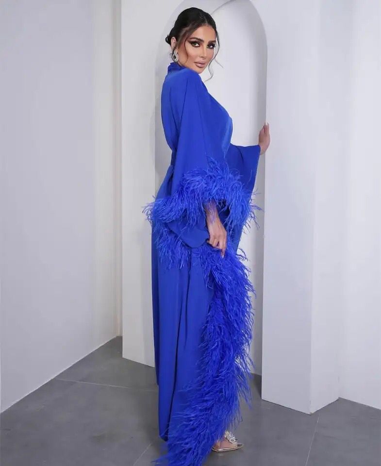 Elegant Long Royal Blue Crepe Evening Dresses With Feathers Mermaid Floor Length فساتين السهرة Robes de soirée Party Prom Dress X10501 - Tuzzut.com Qatar Online Shopping