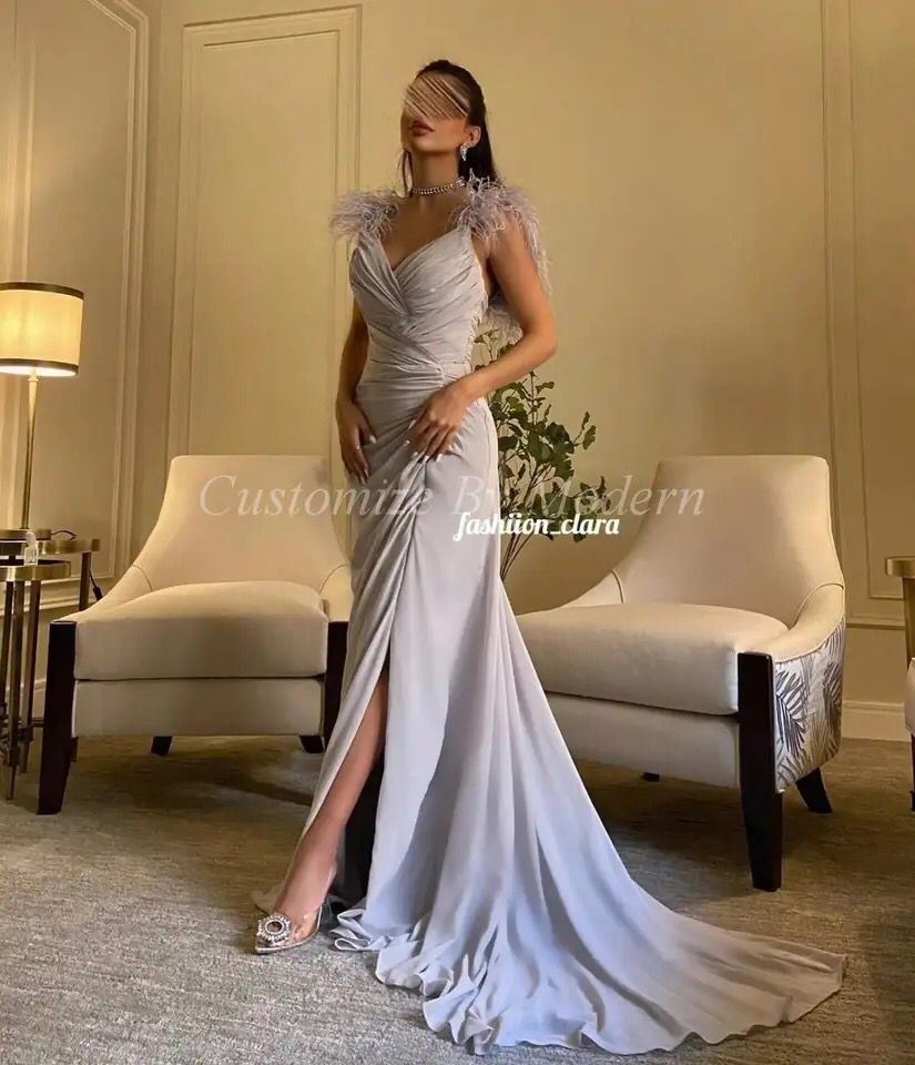 Mermaid Chiffon Long Prom Dresses V Neck Pleated Feathers Side Split Floor Length Saudi Arabia Women Evening Party Dress S309750 Mermaid Chiffon Long Prom Dresses V Neck Pleated Feathers Side Split Floor Length Saudi Arabia Women Evening Party Dress S309750
