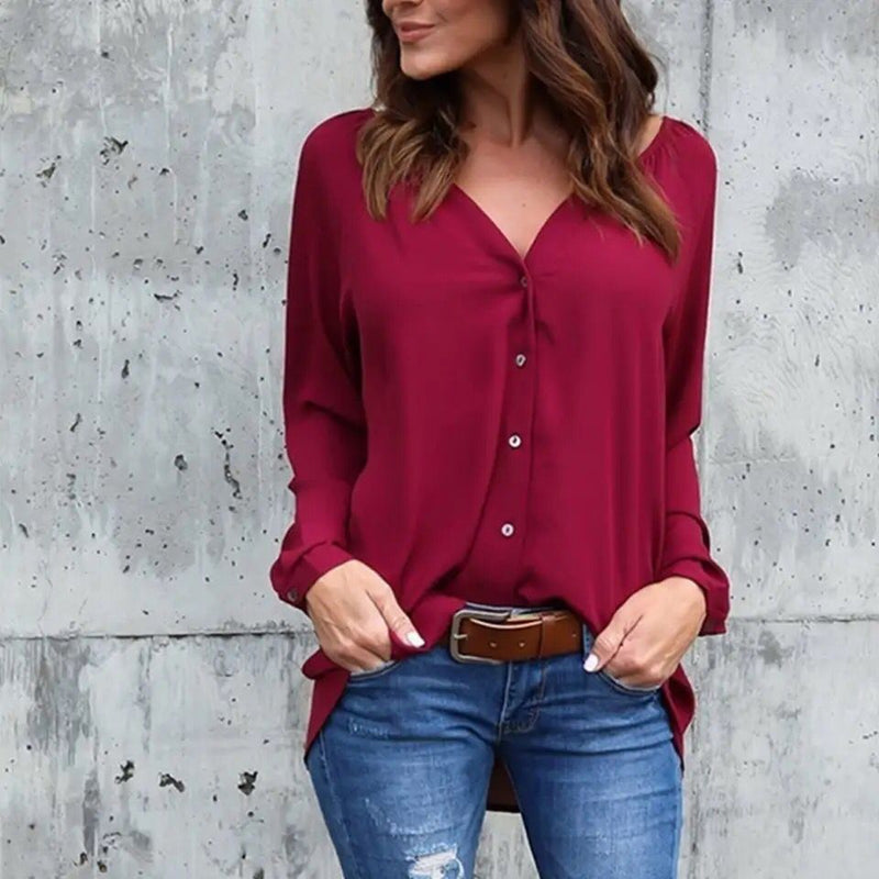 Spring Woman Long Sleeve Shirt Solid Color Chiffon Blouse For Women Casual Button Up Black Wine Red Shirts Clothing S1015664 - Tuzzut.com Qatar Online Shopping