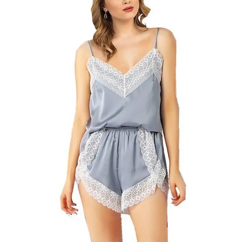 Women Silk Satin Pajamas Set Sling Pajamas Casual Sleepwear Suit Summer Sexy V Neck Lace Sweet Two-piece Nightwear S1228345 - Tuzzut.com Qatar Online Shopping