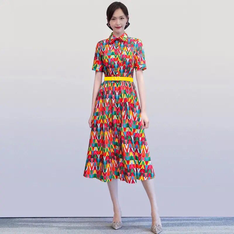 Elegant Dresses For Women Summer New Color Contrast Letter Print Lapel Crimped Women's Dress Fashion Runway Vestidos Robe S4609858 Elegant Dresses For Women Summer New Color Contrast Letter Print Lapel Crimped Women's Dress Fashion Runway Vestidos Robe S4609858