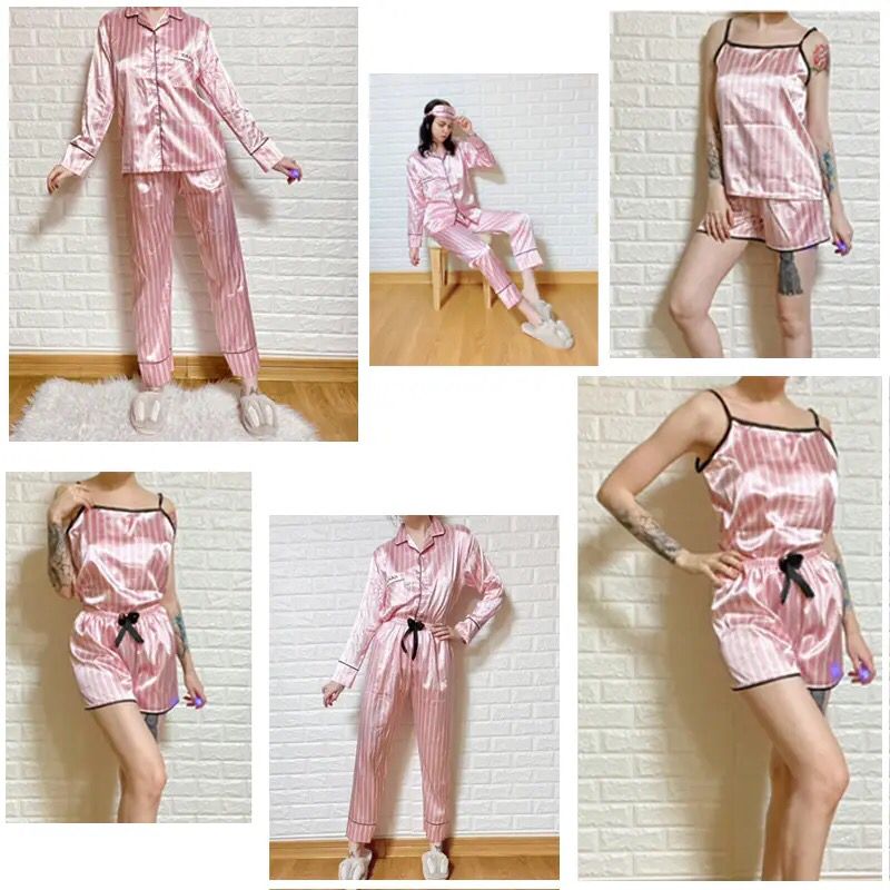 Pink Women's 7 Pieces Pajamas Sets Faux Silk Striped Pyjama Women Sleepwear Spring Summer Autumn Homewear Lounge Home Clothes S3227381 - Tuzzut.com Qatar Online Shopping